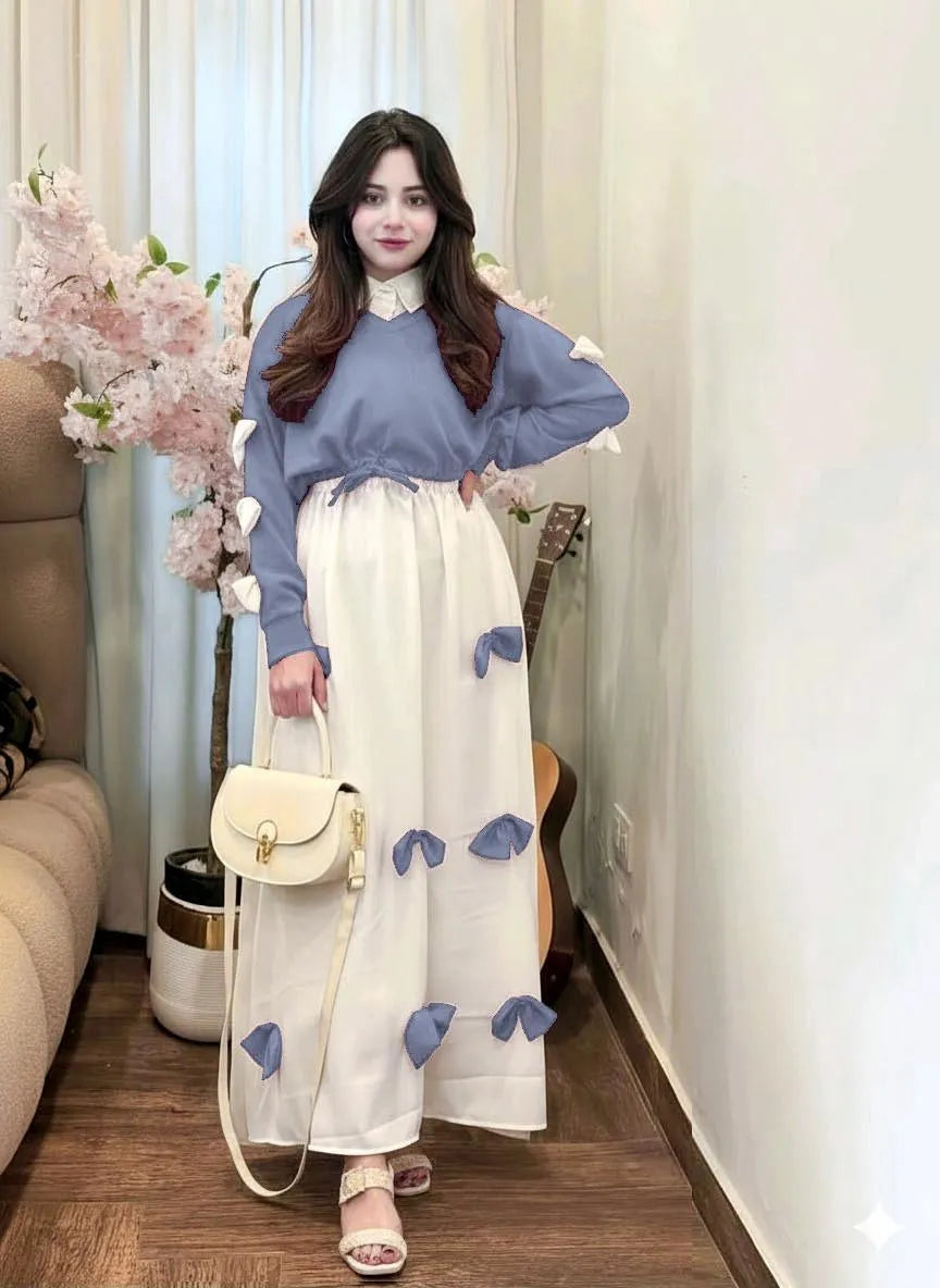 Women Georgette Bow Set Blue Eid Maxi 2Pcs