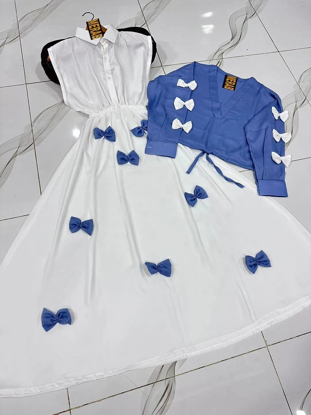 Women Georgette Bow Set Blue Eid Maxi 2Pcs