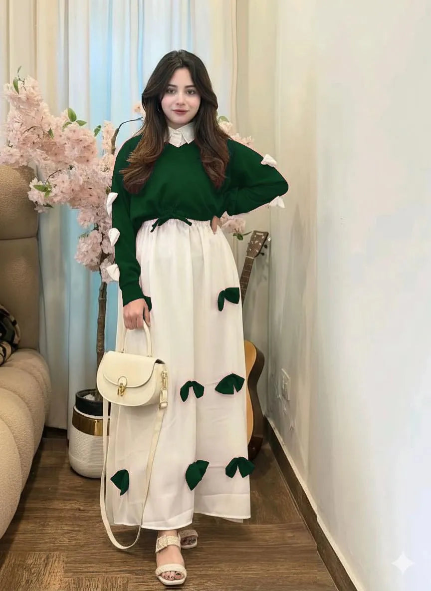 Green Leaf Applique Georgette 2-Piece Set for Women