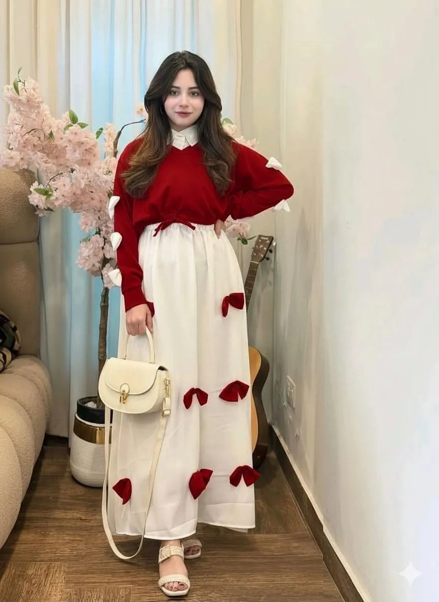 Maroon Georgette 2Pc Set Maxi Jacket with Bow Stitching