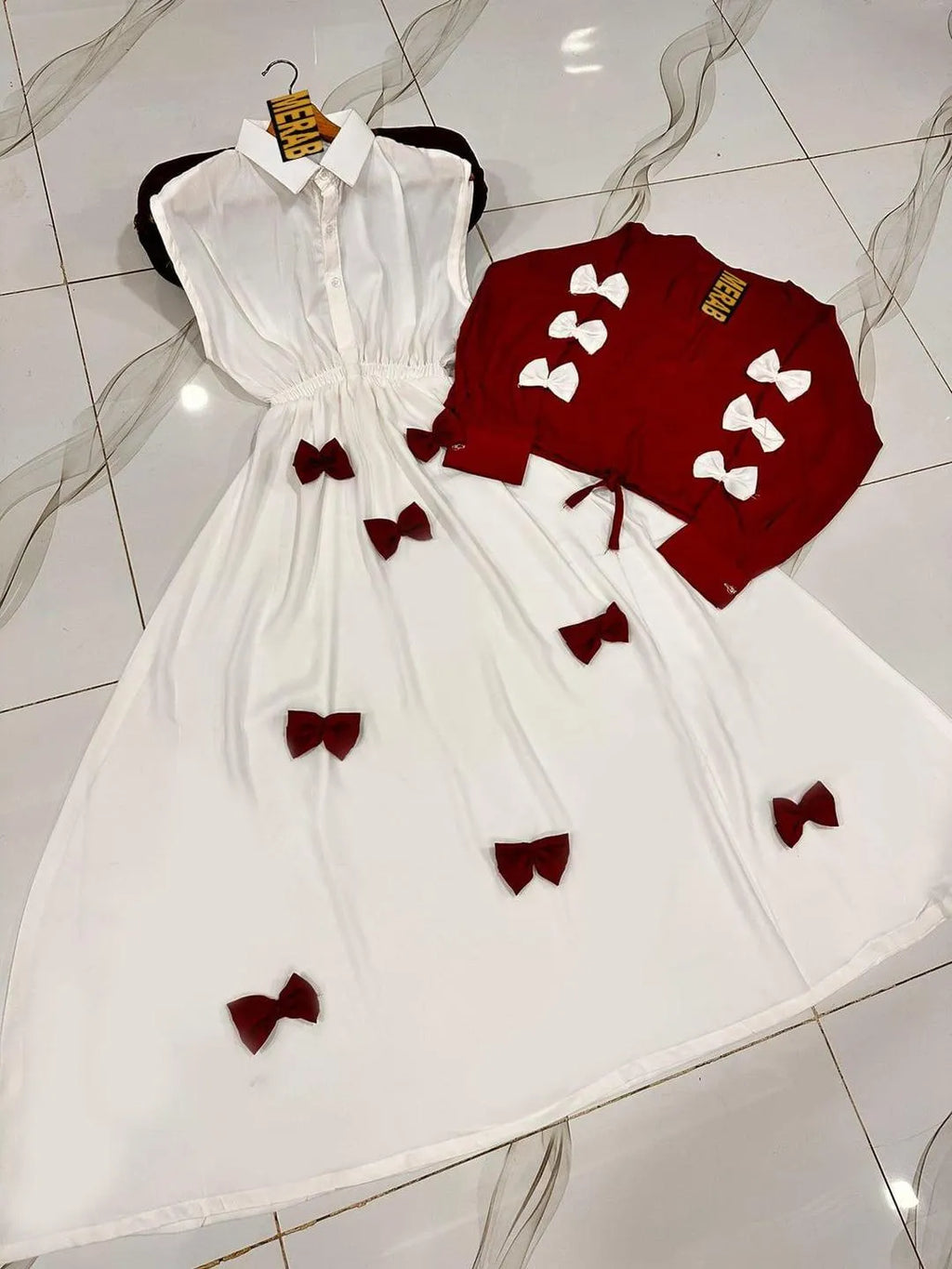 Maroon Georgette 2Pc Set Maxi Jacket with Bow Stitching