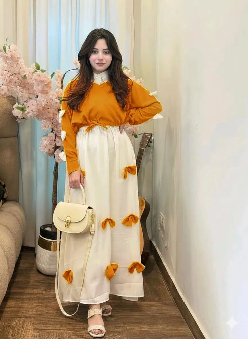 Eid Festive Georgette 2-Piece Yellow Bow Maxi Set