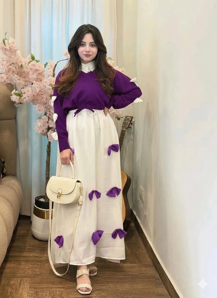 Purple Georgette 2Pc Set Maxi Jacket with Bow Stitching