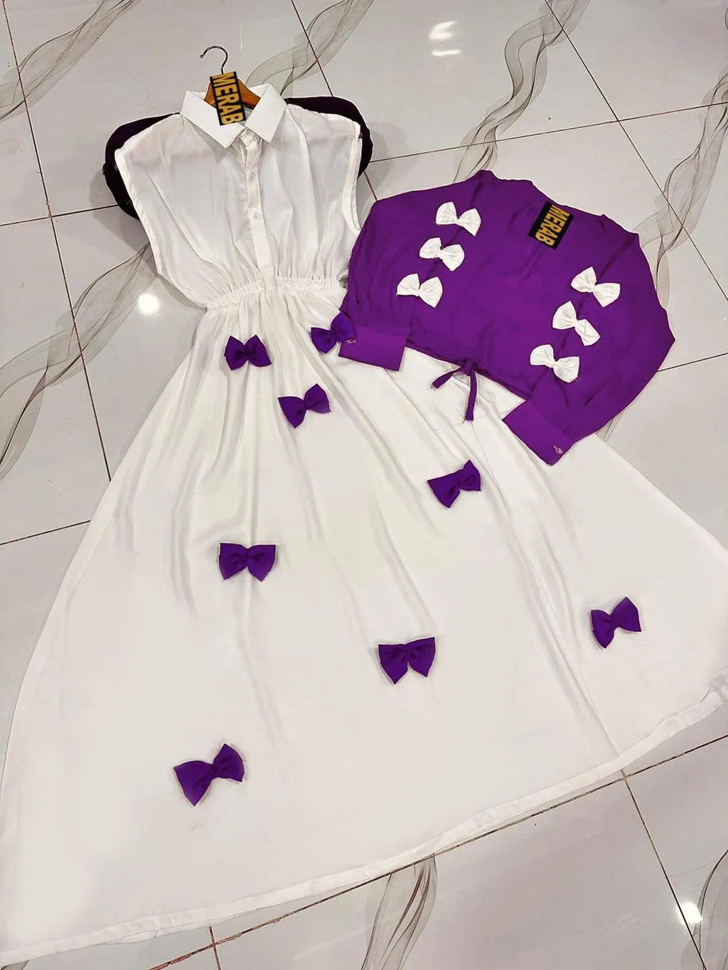 Purple Georgette 2Pc Set Maxi Jacket with Bow Stitching
