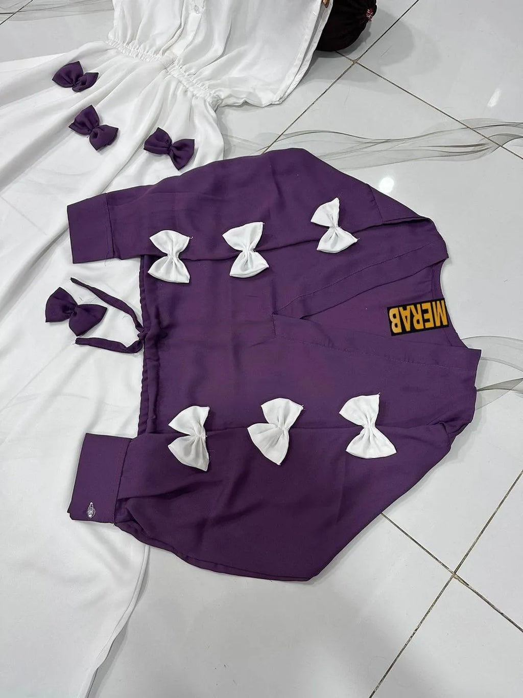Purple Georgette 2Pc Set Maxi Jacket with Bow Stitching