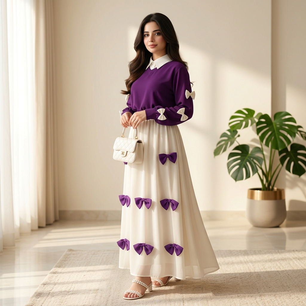 Purple Georgette 2Pc Set Maxi Jacket with Bow Stitching